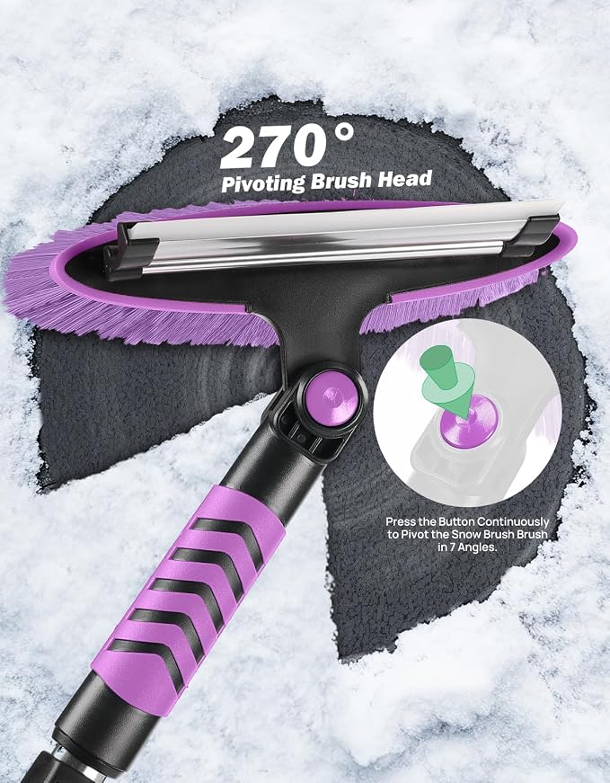 41.5IN Extendable Snow Brush and Ice Scraper, 270°Pivoting Snow Scraper Brush for Car Windshield, Telescoping Ice Scraper, Foam Grip, Heavy Duty Snow Remover for Cars, Trucks, SUV (Purple)