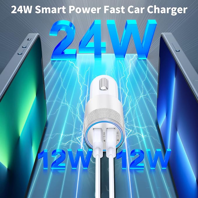【MFi Certified】iPhone Car Charger Fast Charging, 4.8A Dual USB Smart Power Cigarette Lighter USB Car Charger with 2Pack Lightning Cable for iPhone 14 13 12 11 Pro XS Max XR SE X 8 iPad AirPods