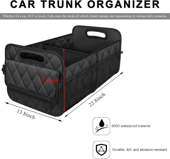 Car Trunk Organizer, Collapsible Auto Storage Box with Multi Pockets, Waterproof Oxford Cargo Organizer with Reinforced Handles, Universal Car Accessories for Men Women (Black)