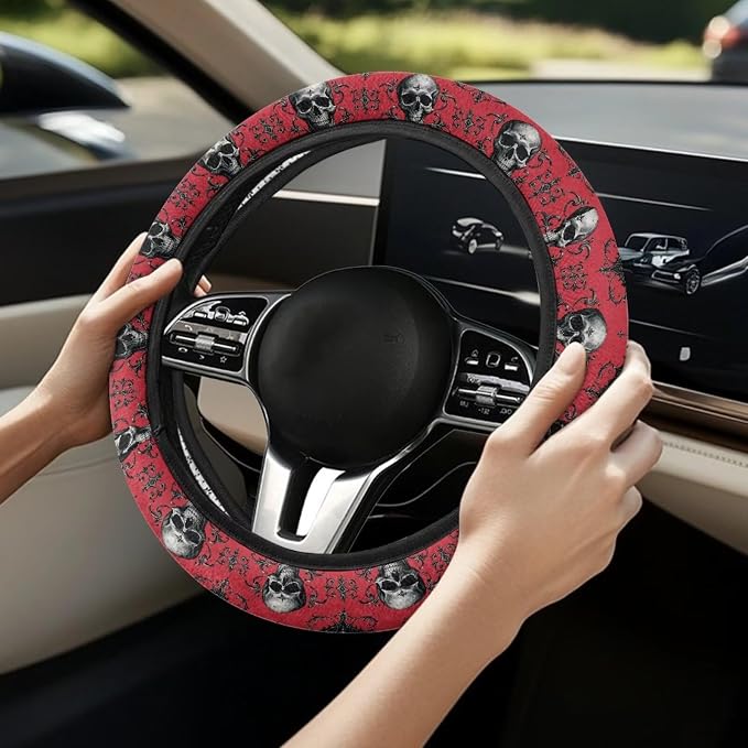 Car Steering Wheel Covers Sweat Absorption Comfort Grip for Men | Skull Bat Red Print, Halloween Decor, Car SUV Sedans Interior Accessories, Steering Wheel Protection Sweat Absorption