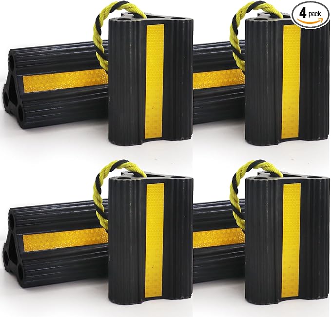 Wheel Chocks for RV Trailers 4Pair/8Pack with Rope, Rubber Tire Chocks Block Stopper with Reflective Strips for Camper Truck Car Wheel Immobilizers & Chocks, Travel Trailer RV Accessory