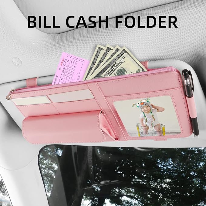 Visor Document Holder for Truck, Car Sun Visor Organizer, Visor Storage Pouch Holder with Sunglasses Clip, Picture Frame, Essential Visor Accessories for Driver Auto Owners Pink