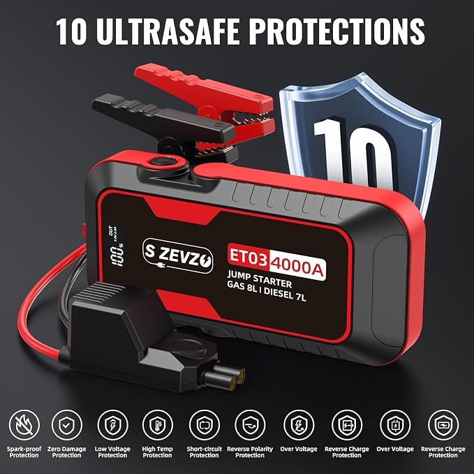 ET03 4000A Car Jump Starter Jump Starter Battery Pack for Up to 8.0L Gas and 7.0L Diesel Engines, 74Wh Portable 12V Jump Box with USB Ports, LCD Display, Storage Case, and LED Light
