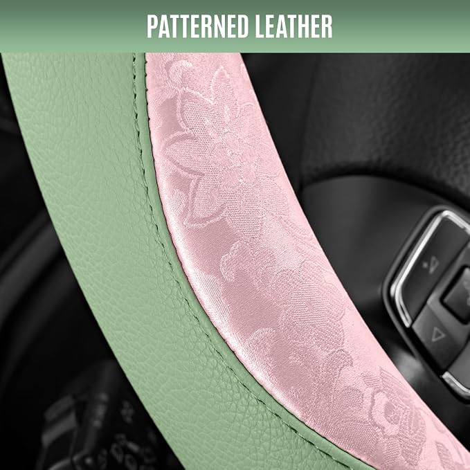 Steering Wheel Cover, Pink Patterned & Green Leather Patchwork Design, Universal Fit 14.5"–15.5", Anti-Slip, Odor-Free, Soft PU Grain Leather, Durable Grip Car Accessory for Girls & Women