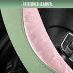 Steering Wheel Cover, Pink Patterned & Green Leather Patchwork Design, Universal Fit 14.5"–15.5", Anti-Slip, Odor-Free, Soft PU Grain Leather, Durable Grip Car Accessory for Girls & Women