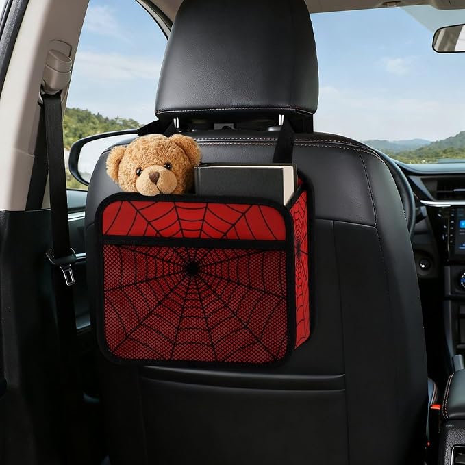 Car Backseat Organizer - Cute Aesthetic Car Storage Bin with Mesh Pocket & Reinforced Base - Universal Fit Hanging Seat Back Accessories for Women (Red)