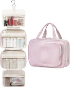 Striped Travel Toiletry Bag for Women Large Hanging Makeup Bag Organizer Toiletries Bag for Full Size Essentials Accessories Cosmetics (Dusty Pink Stripe (Large))