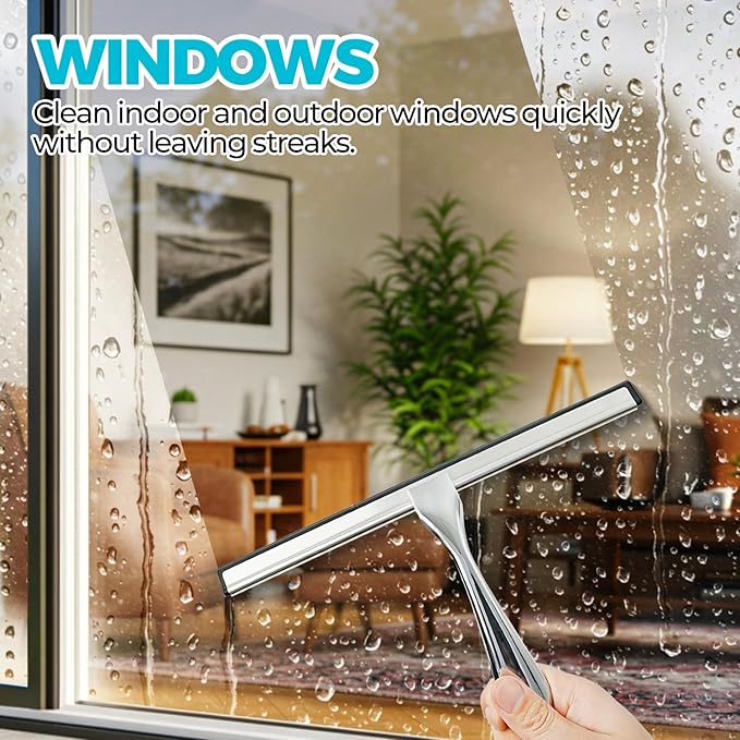 2pcs Shower Squeegee for Glass Doors with Adhesive Hanging Hook Set | 9.9” silver, bathroom accessories, window cleaner, new home essentials, soft rubber blade, metal handle, ergonomic grip