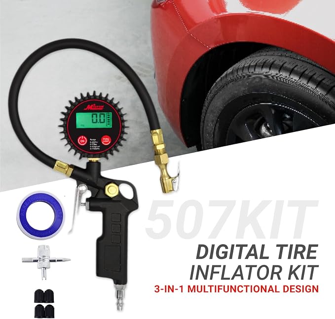 507KIT Digital Tire Inflator Car Accessories w/Accurate Air Tire Pressure Gauge, 14” Rubber Air Hose – 250 PSI, Brass Lock-On Clip Air Chuck and Compressor Accessories