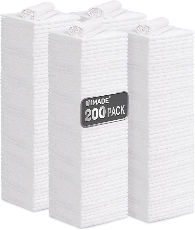 Shop Towel Rag, 200 Pack Reusable Rags Bulk Microfiber Cleaning Cloth Lint Free Towels for Car Kitchen Automotive Bar Mechanic Restaurant Garage, 11.5"x 11.5", White