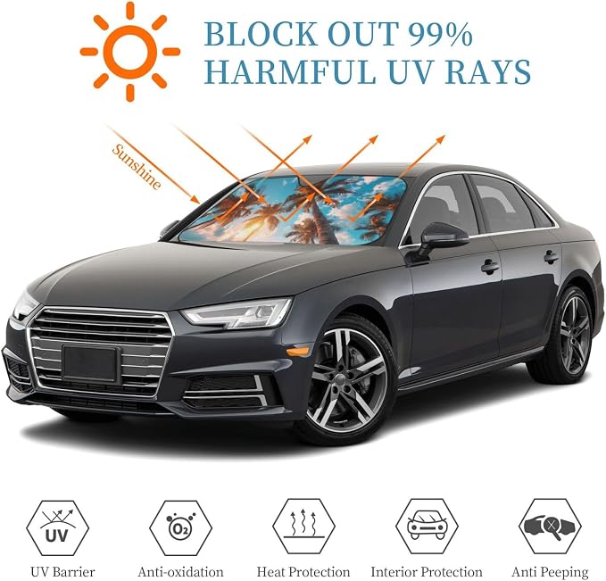 Windshield Sun Shade Beach Palm Tree Sunrise Front Window Sunshade Cover for Car Truck SUV Blocks UV Rays Automotive Visor Interior Protector 55 x 30 inch