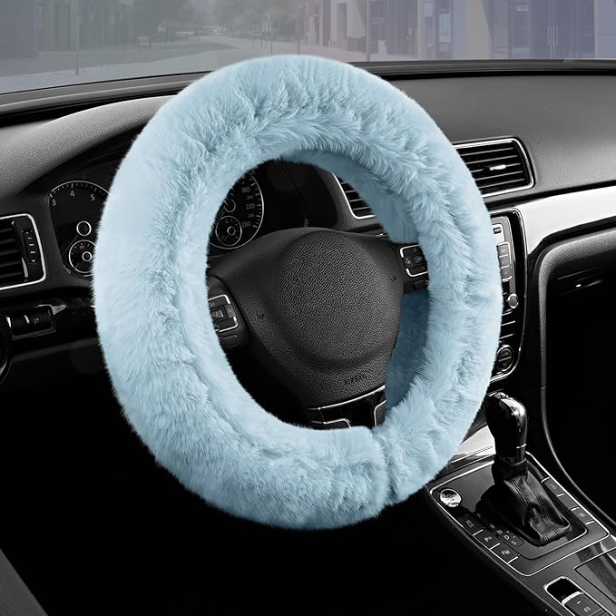Steering Wheel Cover, Fluffy Car Wheel Covers for Women/Girls/Ladies，Soft Wool Fur Steering Wheel Protector, Universal 14 1/2 inches to 15 inches - Blue