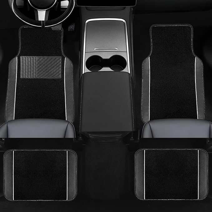 10 Pcs Car Floor Mats Full Set Car Accessories, Microfiber Leather Steering Wheel Covers 14.5-15 inch, Center Console Cover, Seat Belt Pads, Cup Coasters, Universal Interior Decor(White)