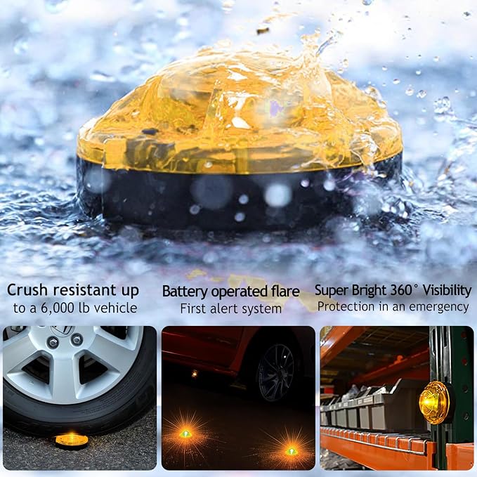 4 Pack LED Emergency Beacon Yellow,Roadside Flare,Magnetic Base,2 Modes Flash and Steady,for Car Emergency Kit or Amish Buggy,RV,Boat,Crush Resistant,Water Resistant