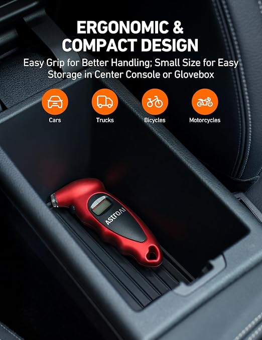 Digital Tire Pressure Gauge 0-150PSI Calibrated to ANSI B40.7 +/-1PSI, Accurate in 0.1 Increments, Tire Repair Tools 4 Pressure Measurements for Car Truck with Backlight LCD, Red