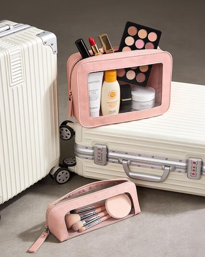 2Pack Clear Makeup Bags Set, Small Clear Makeup Bag, PU Leather Travel Makeup Brush Case Portable Transparent Waterproof Cosmetic Organizer Pouch with Zipper for Women(2Pack-White Set)