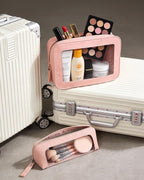 2Pack Clear Makeup Bags Set, Small Clear Makeup Bag, PU Leather Travel Makeup Brush Case Portable Transparent Waterproof Cosmetic Organizer Pouch with Zipper for Women(2Pack-White Set)