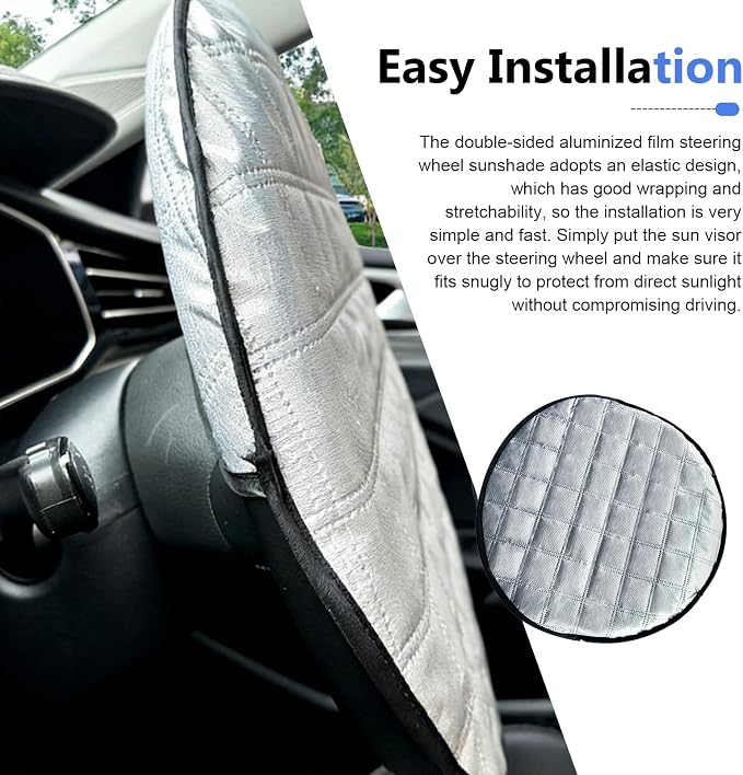 Car Steering Wheel Cover Sun Shade, 16.93" Thickened Aluminum Film Steering Wheel Protector, Slip-on Installation, Universal for Car SUV Truck Van (Silver)