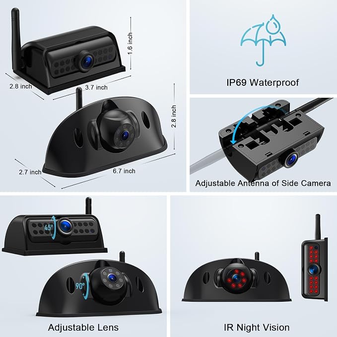 HD Wireless RV Backup Cameras System, 7" Split-Screen Monitor, 1 Rear View + 2 Side Cameras, IR Night Vision Recording Waterproof Compatible with Furrion Pre-Wired RV Truck Trailer - DW7Y503