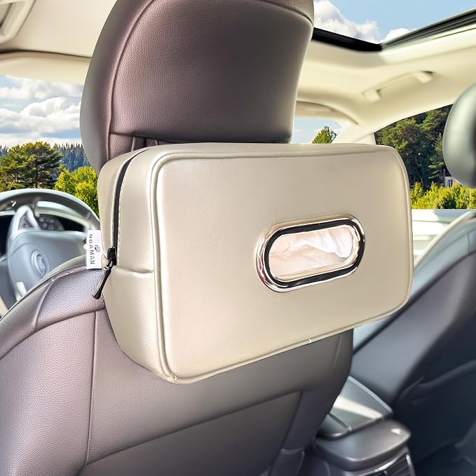 Upgraded Large Car Tissue Holder Premium PU Leather Tissues Box Cover Backseat Rectangular Napkin Holder for Car Fits for 120 Standard Kleenex Tissues Box for Car Organization Accessories Beige