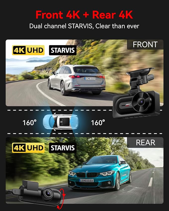 4K+4K Dash Cam Front and Rear, Dual STARVIS Sensor, 5G WiFi-6 (up to 20MB/s) with App, 128G SD Card Included, GPS, Dash Camera for Cars with 24/7 Parking Mode, 3.18 Inch IPS, 170° Wide Angle