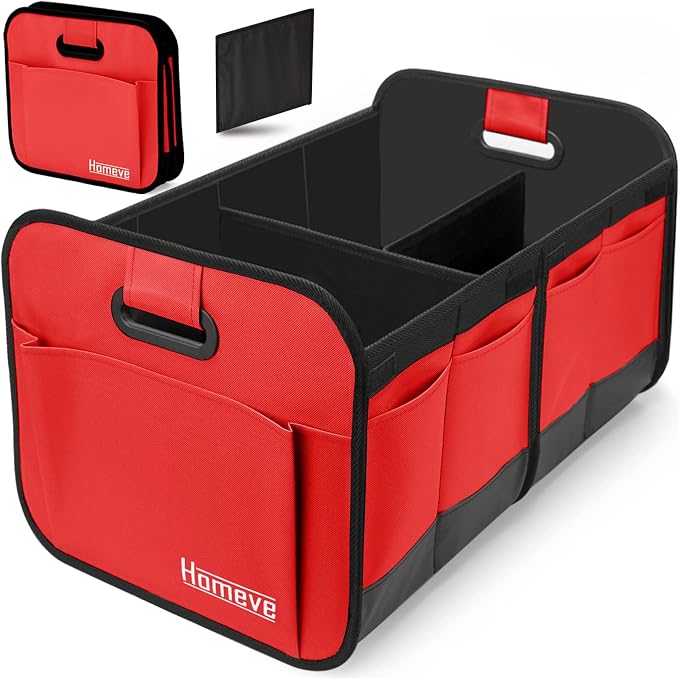 Car Trunk Organizer for SUV, 18.5Gal Large Capacity No-Sag Heavy Duty, Foldable Waterproof Anti-Slip Storage with 12 Pockets, Fit Sedan, Truck, Universal Car Accessories, Red, 2 Compart, Large