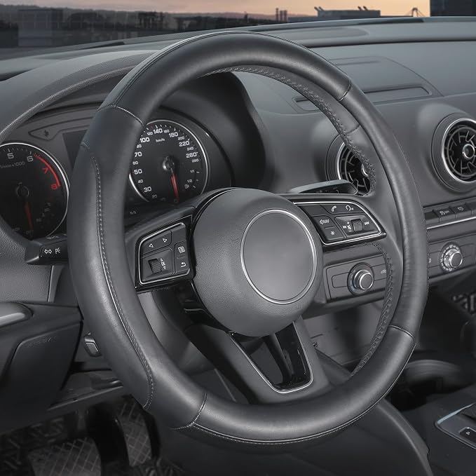 Car Steering Wheel Cover Large Size for F150 F250 F350 Ram 4Runner Tacoma Tundra Range Rover with 15 1/2 inches-16 inches Outer Diameter, Black Microfiber Leather