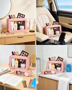 2Pack Clear Makeup Bags Set, Small Clear Makeup Bag, PU Leather Travel Makeup Brush Case Portable Transparent Waterproof Cosmetic Organizer Pouch with Zipper for Women(2Pack-White Set)