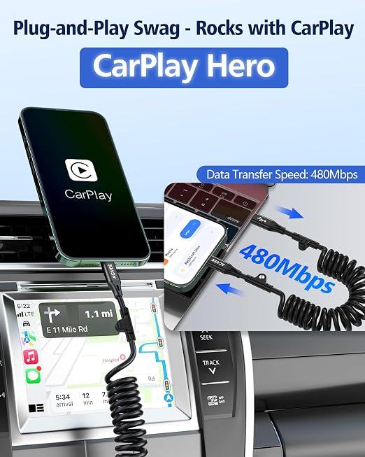 5ft Coiled USB-C to Lightning Cable [MFI Certified] Carplay | 30W PD Fast Charger Data Transfer Cord in Car for iPhone 14/13/12/11/XS/8/7/6/5, iPad, iPod