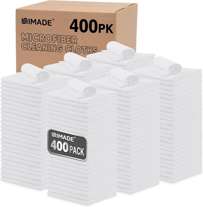 Shop Towels, 400 Pack Commercial Grade Work Rags Microfiber Towels for Cars Cleaning Rags Bulk Detailing Cloth for Automotive Bar Mechanic Restaurant Garage Housekeeping, 11.5"x 11.5", White