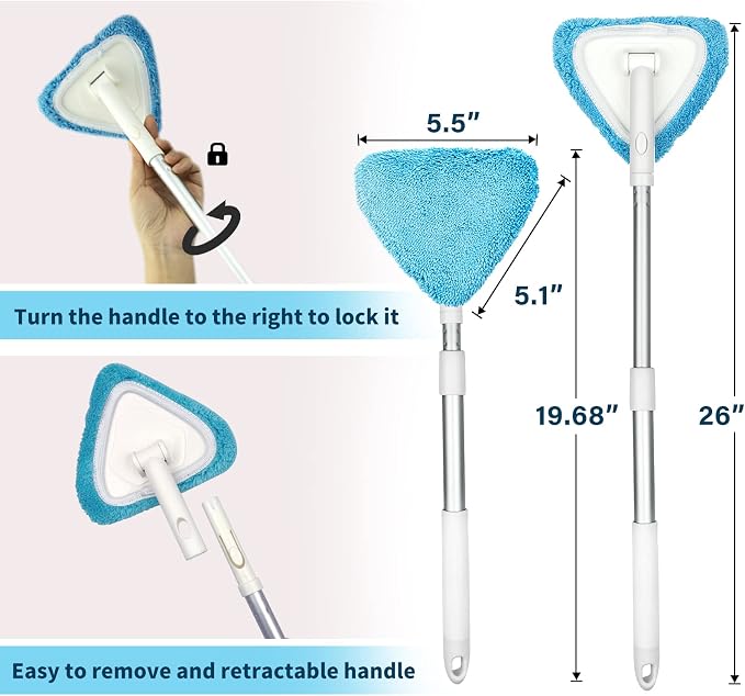 Windshield Cleaning Tool, 26" Adjustable Handle, 3pcs Microfiber Pads, Ideal for Cleaning Inside Exterior SUVs, Trucks, RVs, Glass Mirror & More
