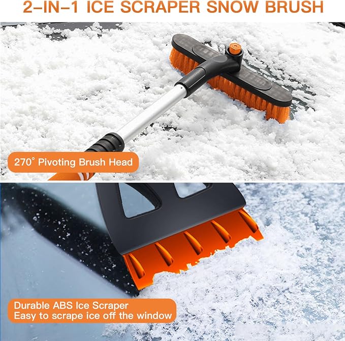 31" Snow Brush and Ice Scrapers for Car Windshield, Detachable Extendable 360° Pivoting Snow Scrapers and Brush with Ergonomic Foam Grip for Car,Truck,SUV(Orange)