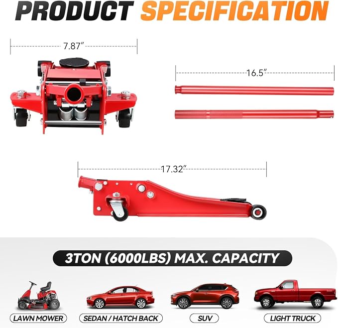 3 Ton Low Profile Floor Jack, Heavy Duty Steel Hydraulic Car Jack with Dual Pistons Quick Lift Pump, Hydraulic Racing Floor Jack, Lifting Range 3" to 20", Red