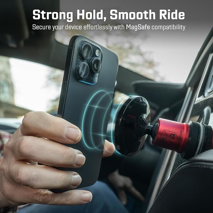 MobNetic Maxx MS - MagSafe Compatible Car Phone Mount w/ 90º Tilt, 360º Rotation & Durable Aluminum Build, Magnetic Holder for iPhone & Android Devices, USA Assembled - Red