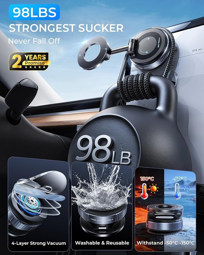 2026 Upgraded for MagSafe Vacuum Car Phone Mount, 2800gf Strong Magnetic Phone Holders for Your Car, 360° Adjustable 98LBS Suction Cup Car Mount, Car & Truck Accessory for iPhone 12–17 Pro Max