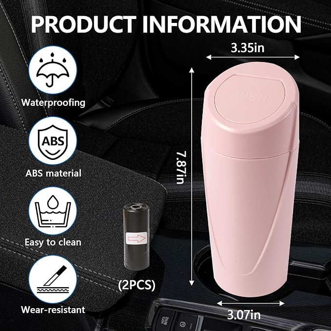 Mini Car Trash Can with Lid, Portable Garbage Can for Car, Leakproof Cup Holder Automotive Garbage Bin with 2 Rolls of Trash Bags, Small Trash Storage Can for Car Home Office(Pink)