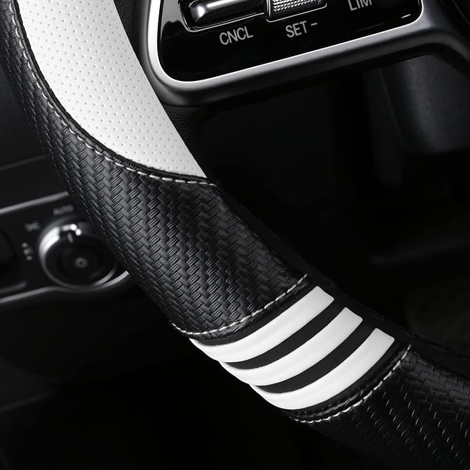 Car Steering Wheel Covers for Women Girl Padded Carbon Fiber PU Leather Cute Cartoon Auto Interior Accessories for Jeep, Truck, Universal, Anti Slip, White, Large Size, 15.2-16in