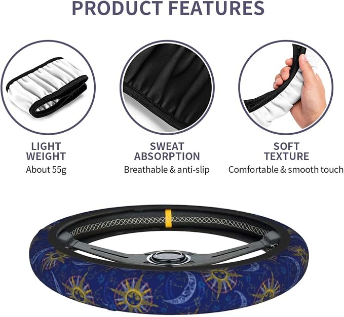 Sun Moon Twelve Zodiac Signs Steering Wheel Cover Car Accessories Cute for Women Girls Girly Universal 15 Inch Neoprene Auto Interior Decor Anti Slip Car Truck Protector