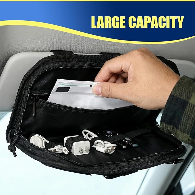 Car Sun Visor Organizer, Multifunctional Car Visor Zip Storage Pouch with Glasses Clip & Card Sleeve Pocket, Auto Interior Semi-Rigid MOLLE Panel for Cars, SUVs, Trucks (Black)