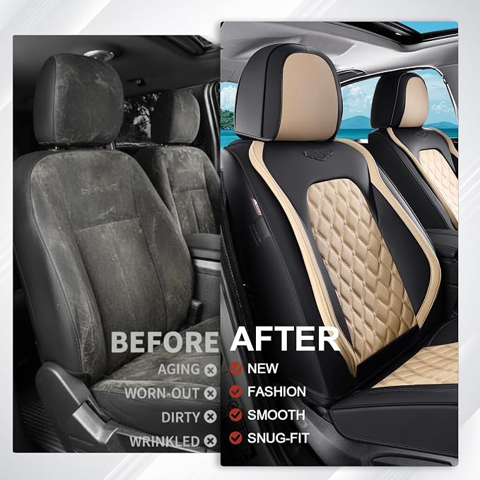 Coverado Universal Car Seat Covers Full Set, Durable Waterproof Faux Leather Front & Rear Seat Protectors, Classic Easy-Clean Interior for Most Vehicles – BlackBeige