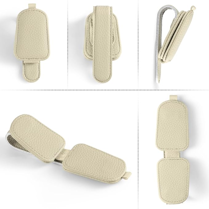 Sunglasses Holder for Car, Leather Magnetic Buckle Sun Visor Sunglass Clip, Ticket Card Storage Glasses Clip, Car Interior Accessories for Men and Women（2PCS Beige）
