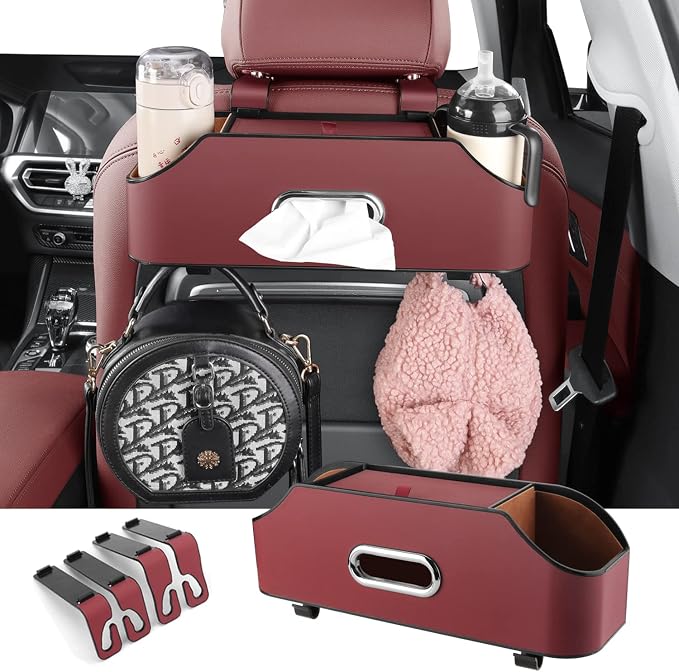 Car Back Seat Organizer with 2 Drink Cup Holder - Tissue Box and Storage Box Hook - Multi-functional Storage - Great for Kids and Travel (Red)