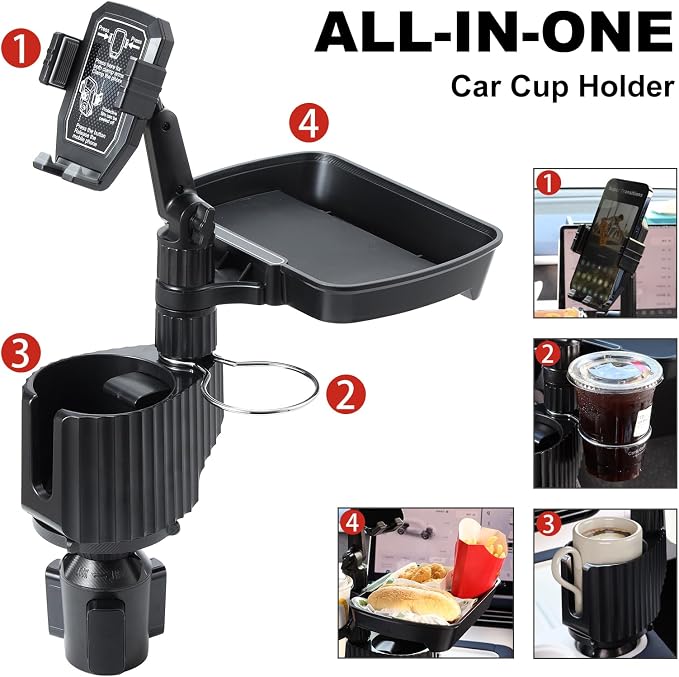Car Large Cup Holder Expander, 4-in-1 Cupholder Extender with Phone Holder & Swivel and Detachable Snack Food Tray Table for Eating, Travel Essentials for Road Trips for Driver. Model F