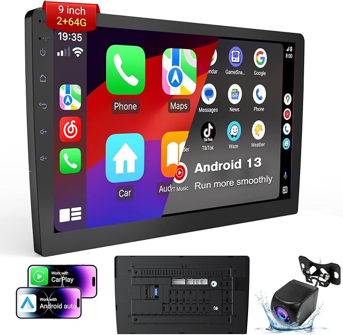 9 Inch Double Din Car Stereo, Android 13 Touchscreen Radio with Wireless Apple CarPlay & Android Auto, 2GB+64GB, GPS, Bluetooth, WiFi, FM/AM/RDS, Mirror Link, 720P AHD Backup Camera