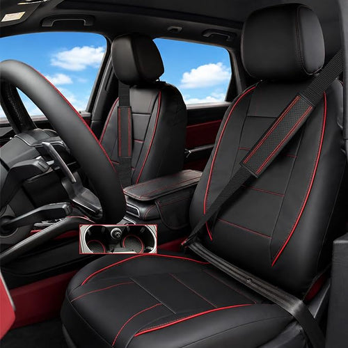 14 PCS Leather Car Seat Covers Full Set, 14.5”-15'' Sporty Steering Wheel Cover Universal, Center Console Cover, Seat Belt Cushion, Cup Holder Coaster, Car Interior Set Red