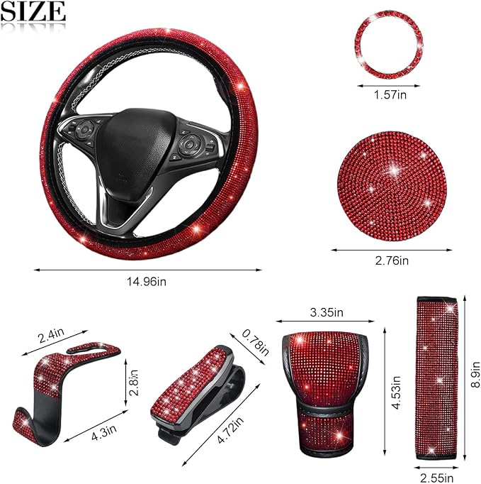 11PCS/Set Bling Car Accessories Set for Women, Rhinestone Vehicle Steering Wheel Cover Seat Belt Cushion Gear Shift Protector Cup Holder Coaster, Universal Automotive Accessories (Red)