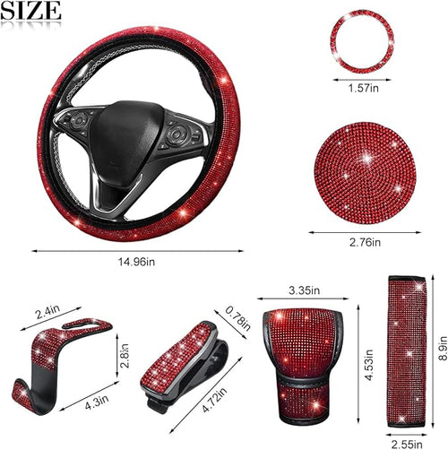 11PCS/Set Bling Car Accessories Set for Women, Rhinestone Vehicle Steering Wheel Cover Seat Belt Cushion Gear Shift Protector Cup Holder Coaster, Universal Automotive Accessories (Red)
