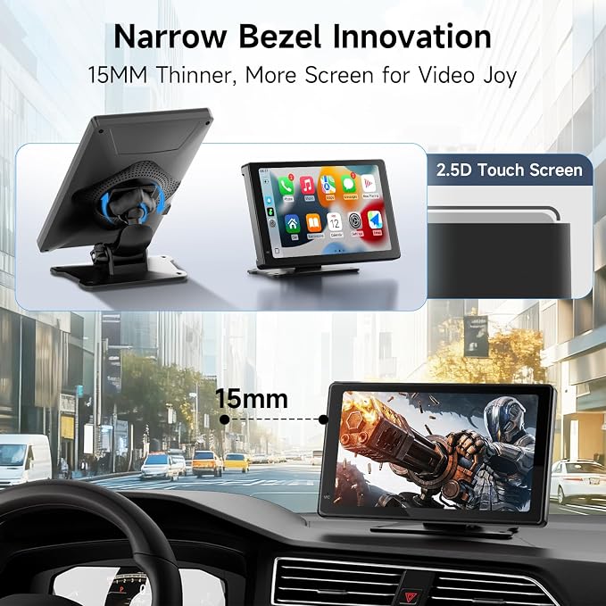 Portable CarPlay Screen for Apple CarPlay & Android Auto, 7 Inch Wireless Car Stereo Touchscreen with Bluetooth, GPS Navigation, Voice Control, Backup Camera Support for All Vehicles