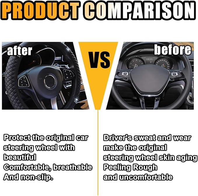 15 Inch Bling Soft Leather Car Steering Wheel Cover, Black | Colorful Rhinestones Design, Auto Elastic Protector for Women Girls, Crystal Diamond Car Accessories for Most Cars, SUVs