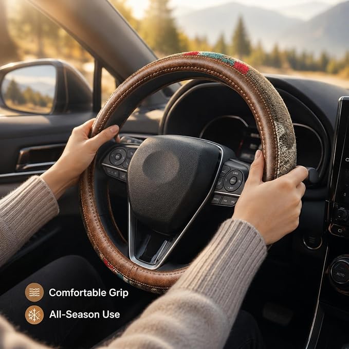 Universal 15inch Ethnic Style Baja Blanket Steering Wheel Cover with Coarse Flax Cloth and Sweat Absorption Anti Slip Car Wrap (Boho Brown leather2)